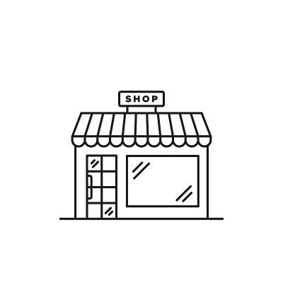 线性仓库图标。店铺招牌。玻璃门。矢量插图，平面设计