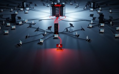网络犯罪、渗透和数据盗窃。网络安全漏洞。连接网络的受损电脑。数字3D渲染概念。