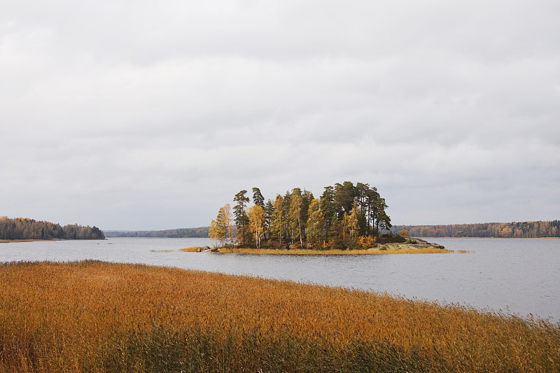 在门雷波公园的岛屿。秋天的风景。Vyborg。