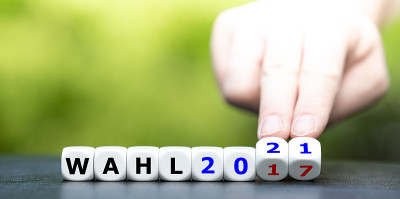 手掷骰子，将德语表达“Wahl 2017”(选举2017)变为“Wahl 2021”(选举2021)