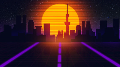 美丽的城市夜晚，日落，合成波和复古波，蒸汽波未来美学