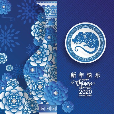 2020年中国新年鼠年，红色和金色剪纸鼠的性格，花和亚洲元素与工艺风格的背景。
(中文翻译:祝202