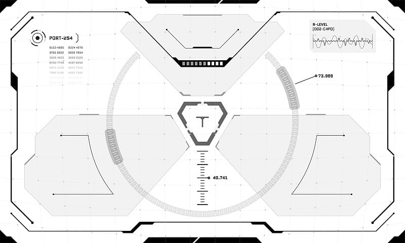 VR HUD界面赛博朋克屏幕黑白设计。未来科幻虚拟现实视图抬头显示遮阳板。图形用户界面数字技术仪表板