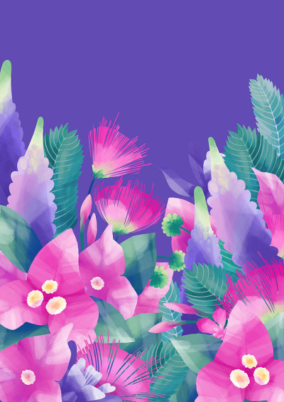 色彩柔和，带有异国情调的叶子和花朵