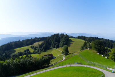 一个阳光明媚的夏日，从当地的山脉Pfänder看到美丽的广角风景山景。