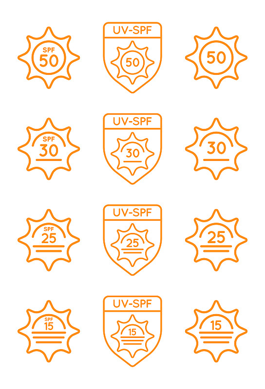Set of Sun Protection UV Index, SPF 50, SPF 30, 25