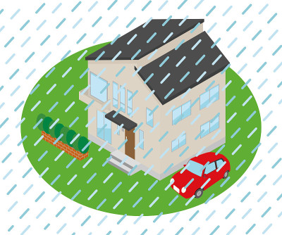外面下大雨的房子的插图。