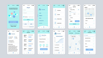 一套UI, UX, GUI屏幕医学应用平面设计模板的移动应用