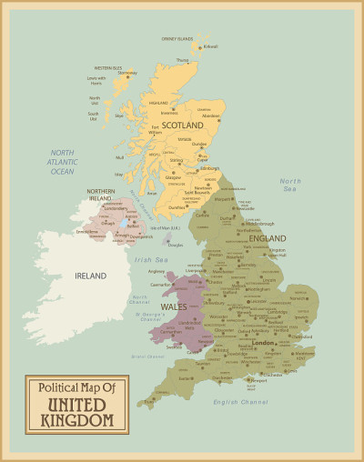 英国-高度详细的地图。所有的元素都在可编辑的层中清晰地标记出来。向量
