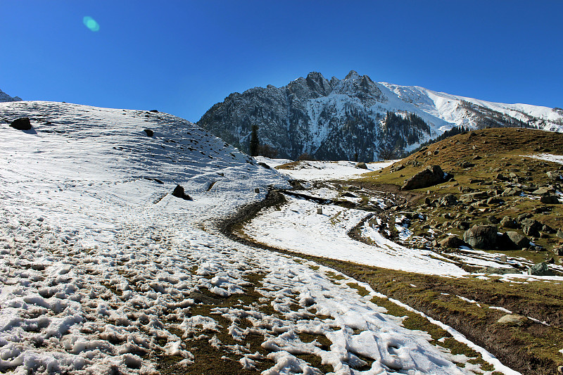 冬季雪山山谷在克什米尔，印度。