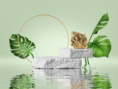 3d渲染，现代premium背景。白色和金色的鹅卵石讲台和岩石平台，绿色的热带树叶和倒影在水中。产品