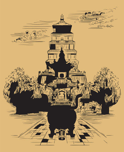 Beige China hand drawing landmark 5
