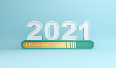 新年快乐2021背景概念与加载进度条蓝色，3D渲染插图