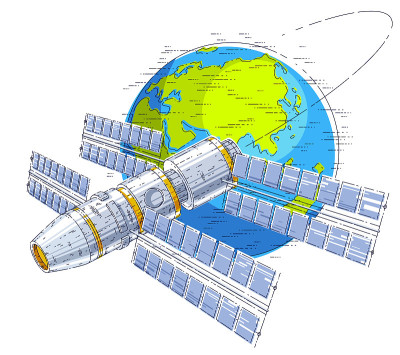绕地球运行的空间站，太空飞行，带有太阳能电池板的宇宙飞船，人造卫星。细线三维矢量插图。