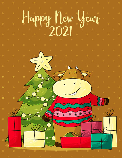 2021新年快乐儿童插画。中国新年牛年2021年