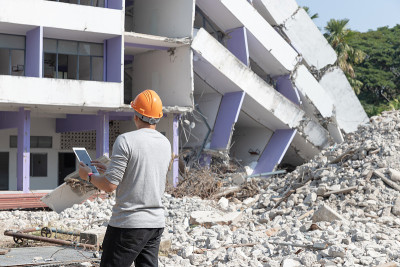 工程师建筑师和工人操作控制拆除旧建筑。