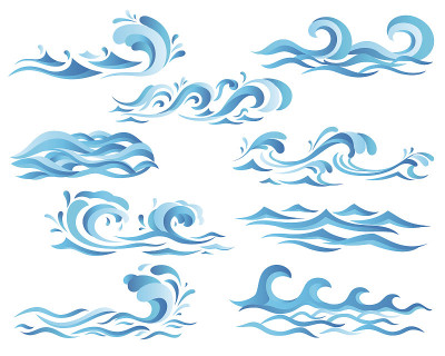 Decorative blue sea waves and surf icons with curl