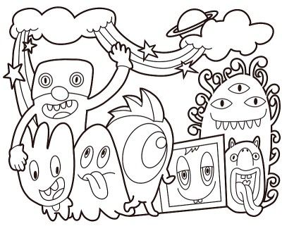 手绘插图，怪兽涂鸦插图涂色书，手绘卡通怪兽插图，卡通人群涂鸦手绘涂鸦风格。
