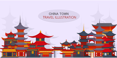 矢量贺卡与中国传统寺庙和建筑