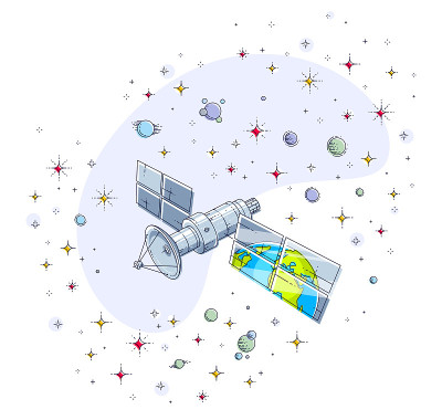 全球通信技术卫星飞行在星空和反射地球的太阳能电池板。细线3d矢量插图孤立在白色。
