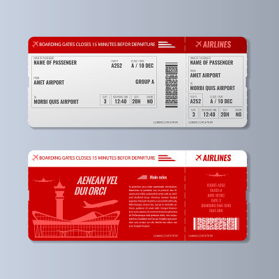 航空登机牌或机票设计模板。双面现实矢量插图。