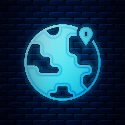 Glowing neon Location on the globe icon isolated o