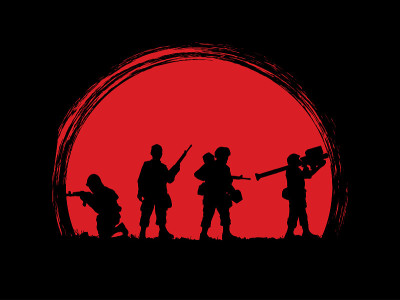 Military soldiers with guns silhouette. Figure on 