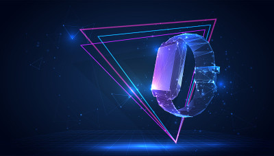 矢量3d智能手表从三角形多边形上的蓝色背景