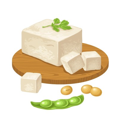 豆腐放在木板上，豆荚打开。矢量彩色插图