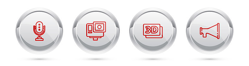 设置线麦克风，极限动作相机，3D字和扩音器。银圈按钮。向量