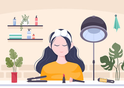 化妆的女人在美容沙龙平设计插图与化妆品作为指甲油，睫毛膏，口红，眼影，刷子，粉末和指甲修脚