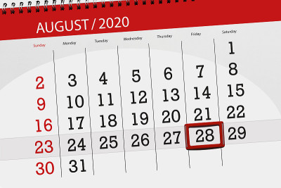 2020年8月的日历，截止日期，28日，周五