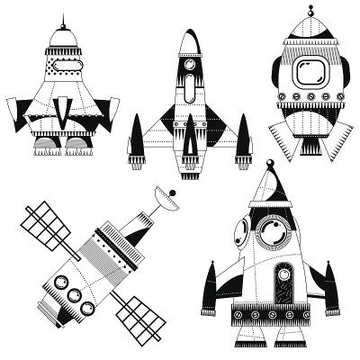 一套5个太空玩具火箭。黑色和白色。宇宙飞船。