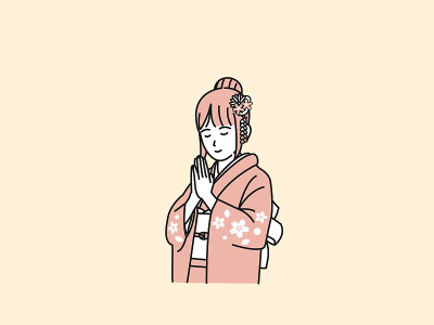 穿着和服的妇女参观神社的插图