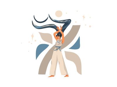 手绘矢量股票抽象平面图形插图与黄道十二宫星座当代金牛美丽神奇的女性角色，卡通艺术设计孤立在白色的背景