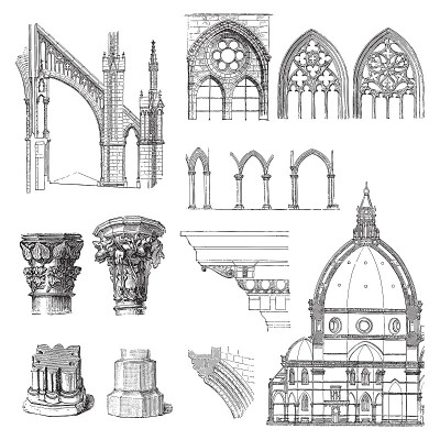 哥特式建筑风格元素收藏-复古雕刻插画