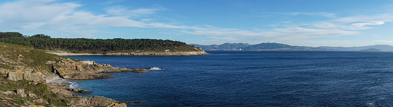 野生海岸与岩石海岸和森林的全景