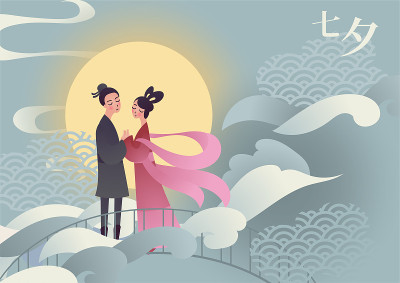 中国七夕节的矢量插图卡，一对可爱的卡通人物手牵手站在桥上。满月。字幕翻译:七夕，也可读作七夕