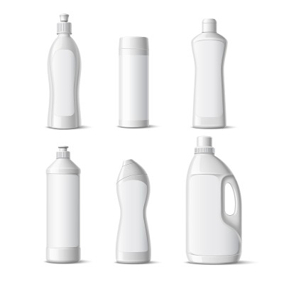 现实的洗涤剂瓶。家用化学品的隔离白色塑料容器，清洁产品空白包装模型，向量集合