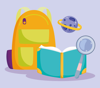 back to school, bag open book and magnifier elemen