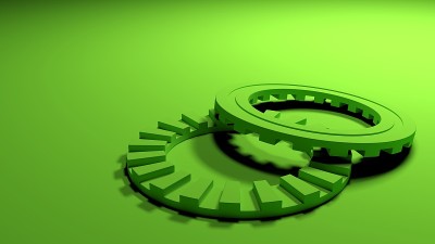 绿色齿轮在绿色背景- 3D渲染插图