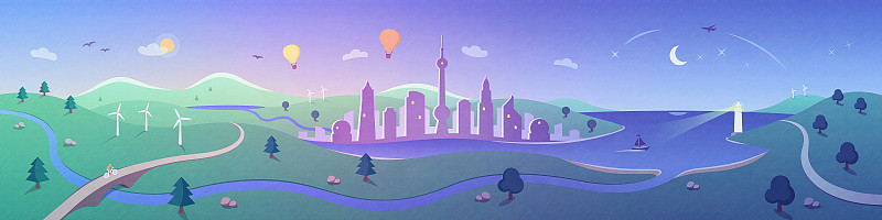 白天到夜晚景观全景