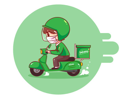 送餐员骑摩托车卡通艺术插图