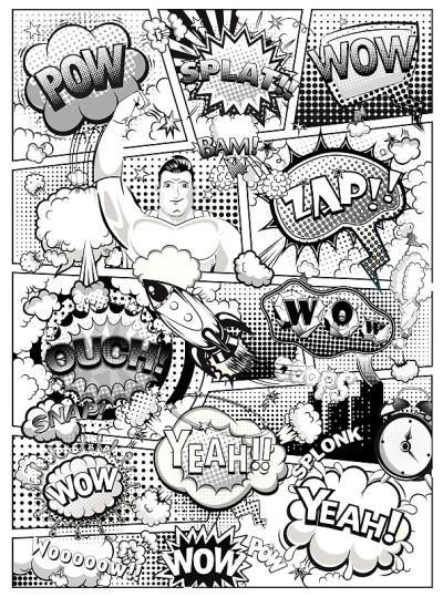 黑白漫画页用台词划分，气泡，火箭，超级英雄和声音效果。矢量图