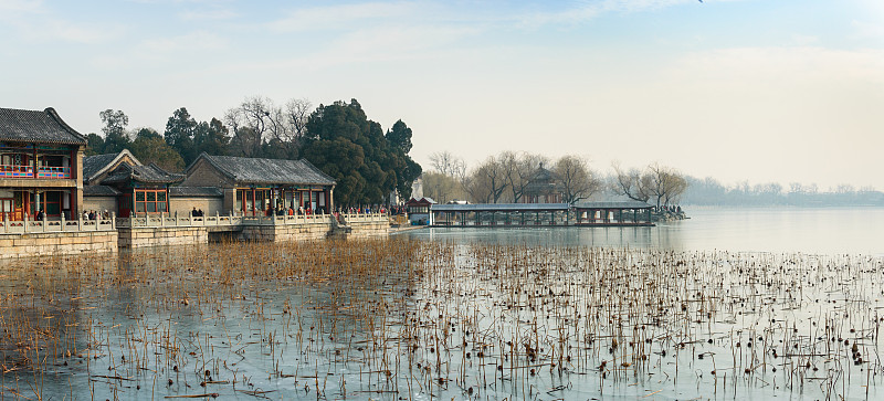从皇家园林到冰封的昆明湖岸边的中国建筑，干荷花。