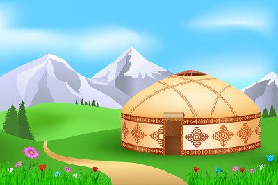 蒙古包夏季牧场，矢量插图景观