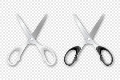 矢量3d现实白色和黑色金属打开文具剪刀与塑料把手图标设置特写孤立。设计模板的经典剪刀的图形，模型。俯