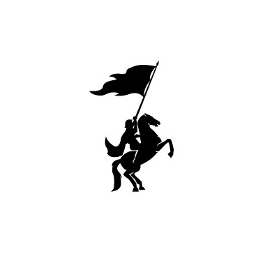 一名穿着盔甲的战争骑士士兵携带旗帜去与他的马标志图标设计平面矢量模板插图剪影白色背景
