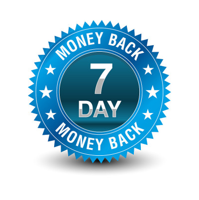 Blue powerful 7 day money back guarantee badge.