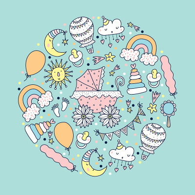 儿童线性插图与婴儿车和儿童玩具。